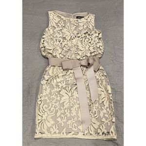 Tadashi Shoji Beige Lace Blouson Cocktail Dress Ribbon Belt 4